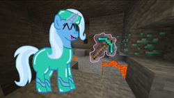 Size: 1366x768 | Tagged: safe, artist:raulixevergreen, derpibooru import, trixie, pony, unicorn, armor, diamond armor, eyes closed, female, happy, magic, mare, minecraft, solo, telekinesis, video game