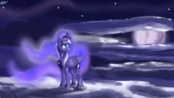 Size: 3840x2160 | Tagged: safe, artist:sintakhra, princess luna, alicorn, pony, ethereal mane, female, fluffy, moon, night, peytral, solo, space, unshorn fetlocks