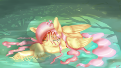 Size: 3840x2160 | Tagged: safe, artist:sintakhra, fluttershy, butterfly, pegasus, pony, cute, female, fluffy, lying, lying in water, misleading thumbnail, pond, sleeping, solo, unshorn fetlocks, wet, wet mane