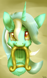 Size: 1000x1669 | Tagged: safe, artist:sintakhra, lyra heartstrings, unicorn, bust, cute, female, fluffy, harp, mouth hold, musical instrument, portrait, simple background, solo