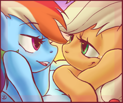 Size: 600x504 | Tagged: safe, artist:thezeo, applejack, rainbow dash, earth pony, pegasus, pony, appledash, bedroom eyes, eye contact, female, lesbian, open mouth, shipping, smiling