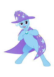 Size: 877x1240 | Tagged: safe, artist:alixnight, derpibooru import, trixie, pony, bipedal, cape, clothes, simple background, solo, trixie's hat, vector, white background