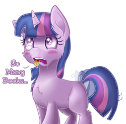 Size: 1958x1918 | Tagged: safe, artist:sintakhra, twilight sparkle, behaving like a dog, blank flank, blushing, book, bookhorse, drool, eye shimmer, female, filly, simple background, solo, tail wag, text, that pony sure does love books, tongue out, transparent background