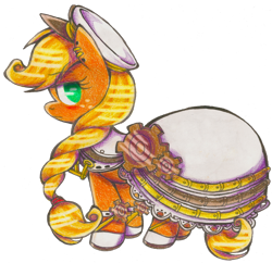 Size: 1330x1285 | Tagged: safe, artist:akikodestroyer, applejack, earth pony, pony, clothes, dress, simple background, solo, steampunk, traditional art