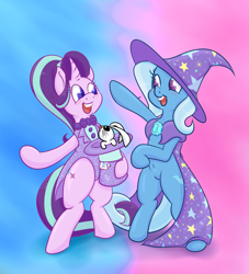 Size: 2223x2446 | Tagged: safe, artist:wizardski, derpibooru import, angel bunny, starlight glimmer, trixie, pony, no second prances, bipedal, hat, trixie's cape, trixie's hat