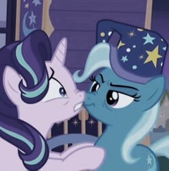 Size: 250x252 | Tagged: safe, derpibooru import, edit, edited screencap, screencap, starlight glimmer, trixie, pony, unicorn, to where and back again, aesthetics, bags under eyes, boop, cropped, duo, female, hat, nightcap, nose wrinkle, noseboop, trixie's wagon