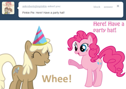 Size: 649x458 | Tagged: safe, artist:sintakhra, mjölna, pinkie pie, pony, ask, ask sandy pony, happy, hat, party hat, tumblr