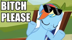 Size: 851x473 | Tagged: safe, edit, edited screencap, screencap, rainbow dash, pegasus, pony, too many pinkie pies, beach chair, bitch please, cropped, image macro, reaction image, shrug, sunglasses, vulgar