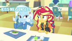 Size: 1192x670 | Tagged: safe, derpibooru import, edit, edited screencap, screencap, sunset shimmer, trixie, better together, equestria girls, forgotten friendship, caption, female, image macro, lesbian, meme, shipping, suntrix, text, trixie yells at everything