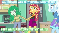 Size: 1192x670 | Tagged: safe, derpibooru import, edit, edited screencap, screencap, sunset shimmer, trixie, wallflower blush, better together, equestria girls, forgotten friendship, caption, female, image macro, lesbian, meme, shipping, suntrix, text, trixie yells at everything, waifu thief, wallset