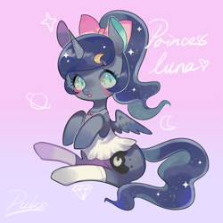 Size: 2000x2000 | Tagged: safe, artist:kura, princess luna, alicorn, pony, :o, alternate hairstyle, blushing, clothes, dress, hair bow, ponytail, sitting, socks, solo