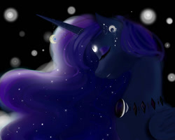 Size: 1024x819 | Tagged: safe, artist:varshacoro, princess luna, alicorn, pony, ear piercing, earring, eyes closed, horn jewelry, jewelry, necklace, piercing, solo, stars