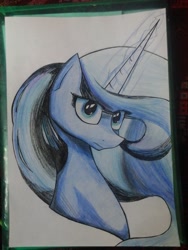 Size: 1536x2048 | Tagged: safe, artist:rainbowshad, princess luna, alicorn, pony, bust, frown, magic, portrait, simple background, solo, traditional art