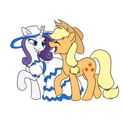 Size: 400x392 | Tagged: safe, artist:calicopikachu, applejack, rarity, earth pony, pony, unicorn, clothes, dress, female, hat, laughing, lesbian, rarijack, shipping