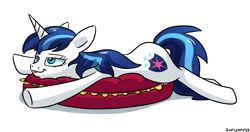 Size: 1900x1000 | Tagged: safe, artist:zoruanna, gleaming shield, shining armor, pony, unicorn, pillow, rule 63, sleepy, solo, tired