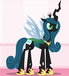 Size: 427x471 | Tagged: safe, artist:mixermike622, princess cadance, queen chrysalis, alicorn, changeling, changeling queen, pony, accessory swap, alternate hairstyle, angry, clothes, costume, fake cutie mark, female, frown, glare, hoof shoes, nightmare night, seems legit, solo