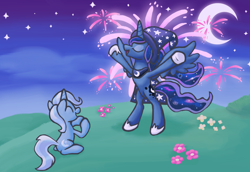 Size: 1175x810 | Tagged: safe, artist:metax-z, princess luna, trixie, alicorn, pony, accessory swap, bipedal, eyes closed, fireworks, moon, night, open mouth