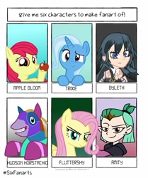 Size: 1024x1223 | Tagged: safe, artist:grapefruitface1, derpibooru import, apple bloom, fluttershy, trixie, earth pony, human, pegasus, pony, unicorn, amity blight, apple, byleth, crossover, female, filly, fire emblem, fire emblem: three houses, food, hudson horstachio, looking at you, mare, six fanarts, the owl house, viva piñata