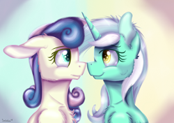 Size: 2764x1944 | Tagged: safe, artist:sintakhra, bon bon, lyra heartstrings, sweetie drops, earth pony, pony, unicorn, adorabon, boop, chest fluff, cute, eye contact, female, gradient background, lesbian, looking at each other, lyrabetes, lyrabon, mare, nose to nose, shipping, smiling