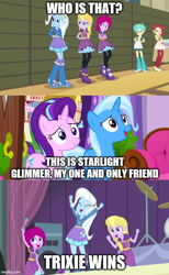 Size: 500x812 | Tagged: safe, derpibooru import, edit, edited screencap, screencap, fuchsia blush, lavender lace, starlight glimmer, trixie, pony, all bottled up, equestria girls, rainbow rocks, caption, comic, image macro, meme, screencap comic, text, trixie and the illusions, trixie yells at everything