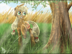 Size: 1520x1132 | Tagged: safe, artist:kocurzyca, applejack, earth pony, pony, dappled sunlight, fluffy, grass, raised hoof, solo, tree