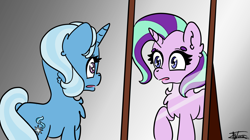 Size: 2250x1256 | Tagged: safe, artist:minty joy, derpibooru import, starlight glimmer, trixie, unicorn, mirror magic, duo, duo female, female, mirror, reflection, simple background, wtf