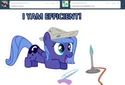 Size: 1280x867 | Tagged: safe, artist:sintakhra, princess luna, alicorn, pony, ask sandy pony, cartographer's cap, female, filly, hat, science, solo, vial, woona, younger