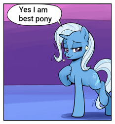 Size: 614x658 | Tagged: safe, artist:pencils, derpibooru import, edit, editor:i-shooped-a-pwny, trixie, pony, unicorn, comic:marble mare manquee, best pony, chest fluff, dialogue, duckface, exploitable, exploitable meme, exploitable trixie, female, hoof on chest, lidded eyes, mare, meme, open mouth, raised leg, smug, speech bubble, telling lies, three quarter view