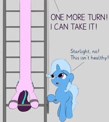 Size: 1860x2074 | Tagged: safe, artist:vultraz, derpibooru import, starlight glimmer, trixie, pony, unicorn, dialogue, duo, female, floppy ears, gray background, long glimmer, mare, rack, simple background, stretching, stretchy, text, worried