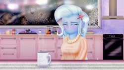 Size: 1024x576 | Tagged: safe, artist:bloodtoon, derpibooru import, trixie, equestria girls, blushing, clothes, coffee, kitchen, smiling, solo, sweater