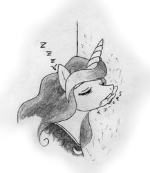 Size: 389x448 | Tagged: safe, artist:pixel-penguin-da, princess luna, alicorn, penguin, pony, black and white, grayscale, insomnia, monochrome, pencil drawing, pixel pengun, sleeping, sleepy, solo, traditional art, zzz