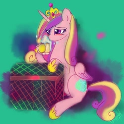 Size: 1280x1280 | Tagged: safe, artist:aimihanibal, princess cadance, alicorn, pony, 30 minute art challenge, blushing, cider, drinking, duckface, sitting, solo