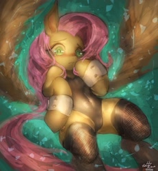 Size: 923x1000 | Tagged: safe, artist:girlsay, fluttershy, pegasus, pony, blushing, clothes, cuffs (clothes), cute, female, leotard, mare, patreon, patreon logo, pixiv, shy, shyabetes, solo, stockings, teary eyes, thigh highs