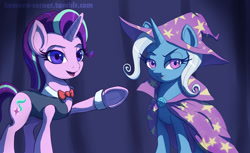 Size: 900x550 | Tagged: safe, artist:raikoh, derpibooru import, starlight glimmer, trixie, pony, unicorn, no second prances, bowtie, female, leotard, looking at you, magician outfit, mare, raised hoof, underhoof