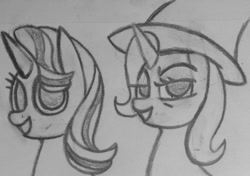 Size: 877x618 | Tagged: safe, artist:poorlydrawnpony, derpibooru import, starlight glimmer, trixie, pony, unicorn, female, mare, monochrome, traditional art