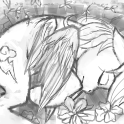 Size: 500x500 | Tagged: source needed, safe, artist:crookedtrees, rainbow dash, pegasus, pony, dead, female, mare, monochrome