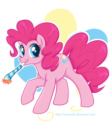 Size: 700x800 | Tagged: safe, artist:onnanoko, pinkie pie, earth pony, pony, cute, cutie mark background, diapinkes, female, mare, noisemaker, party horn, simple background, solo, transparent background