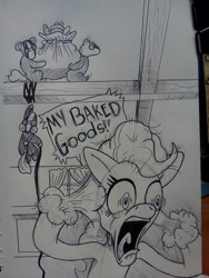 Size: 960x1280 | Tagged: safe, artist:blue-von, pinkie pie, badger, earth pony, pony, hair pulling, screaming, sketch, stealing