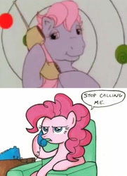 Size: 740x1024 | Tagged: safe, screencap, clover (g1), pinkie pie, earth pony, pony, g1, my little pony tales, shop talk, exploitable meme, meme, phone meme, stop calling me