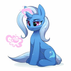 Size: 2000x2000 | Tagged: safe, artist:ask-colorsound, derpibooru import, trixie, pony, unicorn, cup, cute, diatrixes, female, leg fluff, levitation, magic, magic aura, mare, raised eyebrow, simple background, sitting, solo, teacup, telekinesis, white background