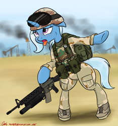 Size: 3000x3211 | Tagged: safe, artist:orang111, derpibooru import, trixie, pony, assault rifle, backpack, bipedal, body armor, boots, camouflage, clothes, desert, drool, female, flashlight (object), goggles, grenade launcher, gun, helmet, hoof hold, m16, m16a2, m203, military, military uniform, oil well, panting, pants, rifle, shipping, shoes, suspenders, sweat, thirsty, tongue out, weapon