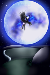 Size: 1200x1800 | Tagged: safe, artist:kikousekcz, princess luna, alicorn, pony, flying, galaxy mane, glowing eyes, moon, night, solo