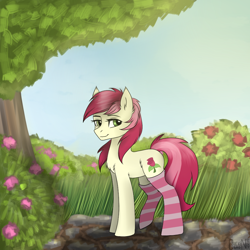 Size: 1000x1000 | Tagged: source needed, safe, artist:chickenbrony, roseluck, earth pony, pony, chest fluff, clothes, digital art, female, flower, fluffy, green eyes, mare, smiling, socks, solo, standing, stockings, striped socks, summer, thigh highs, tree