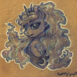 Size: 986x992 | Tagged: safe, artist:smekhyradost, princess luna, alicorn, pony, bust, looking at you, portrait, smiling, solo, traditional art