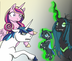 Size: 1000x852 | Tagged: safe, artist:scynthias, princess cadance, queen chrysalis, shining armor, oc, oc:indomitable heart, alicorn, changeling, changeling queen, hybrid, pony, unicorn, child of rape, glowing horn, interspecies offspring, magic, mommy chrissy, offspring, parent:queen chrysalis, parent:shining armor, parents:shining chrysalis, story included, telekinesis