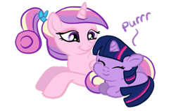 Size: 545x346 | Tagged: safe, artist:kuromi, princess cadance, twilight sparkle, alicorn, pony, unicorn, behaving like a cat, cuddling, cute, eyes closed, female, filly, filly twilight sparkle, mare, prone, purring, simple background, smiling, snuggling, teen princess cadance, transparent background, twilight cat, younger