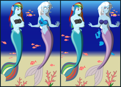 Size: 3100x2220 | Tagged: safe, artist:physicrodrigo, derpibooru import, rainbow dash, trixie, angler fish, fish, mermaid, series:equestria mermaids, equestria girls, 2 panel comic, belly button, bubble, clothes, coral, crossed arms, disappearing clothes, duo, duo female, earfins, female, fins, gills, grin, happy, high res, looking at each other, mermaid tail, mermaidized, midriff, ocean, open mouth, raised hand, ripping clothes, seashell bra, smiling, smirk, species swap, story included, surprised, swimsuit, torn clothes, transformed, underwater, wide eyes