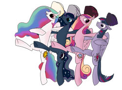 Size: 1353x1000 | Tagged: safe, artist:php15, princess cadance, princess celestia, princess luna, twilight sparkle, twilight sparkle (alicorn), alicorn, pony, alicorn tetrarchy, cossack dance, cossacks, dancing, female, hat, mare, simple background, transparent background