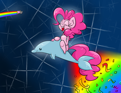 Size: 1300x1000 | Tagged: safe, artist:lemon-heartss, pinkie pie, dolphin, earth pony, pony, abstract background, eyes closed, happy, nyan cat, rainbow, riding, smiling, surreal