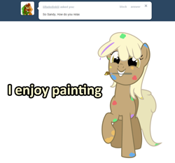 Size: 1280x1195 | Tagged: safe, artist:sintakhra, mjölna, earth pony, pony, ask, ask sandy pony, cute, female, mare, mouth hold, paint, paintbrush, solo, tumblr